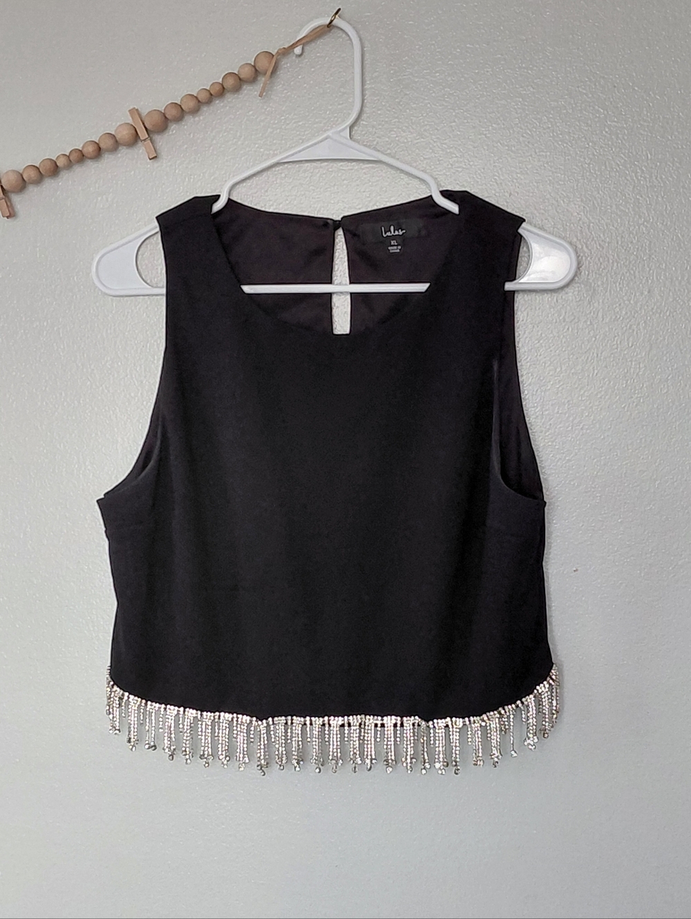 Lulus Black Dressy Party Sleeveless Crop Top With Rhinestone Crystal Hem Size XL